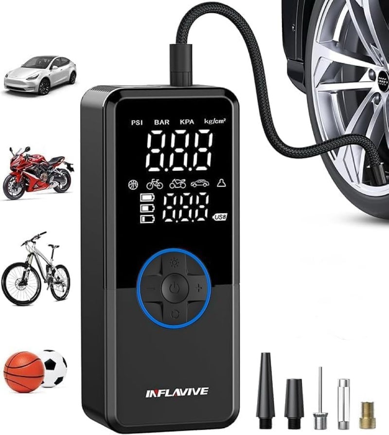 InflaVive Tire Inflator Portable Air Compressor,150PSI Faster Inflation Cordless Tire Air Pump with Digital Gauge,Auto Shut-Off,LED Light,Electric Air Pump for Car Tires,SUV, Motorcycle, Bike, Balls（Blue) - Image 1